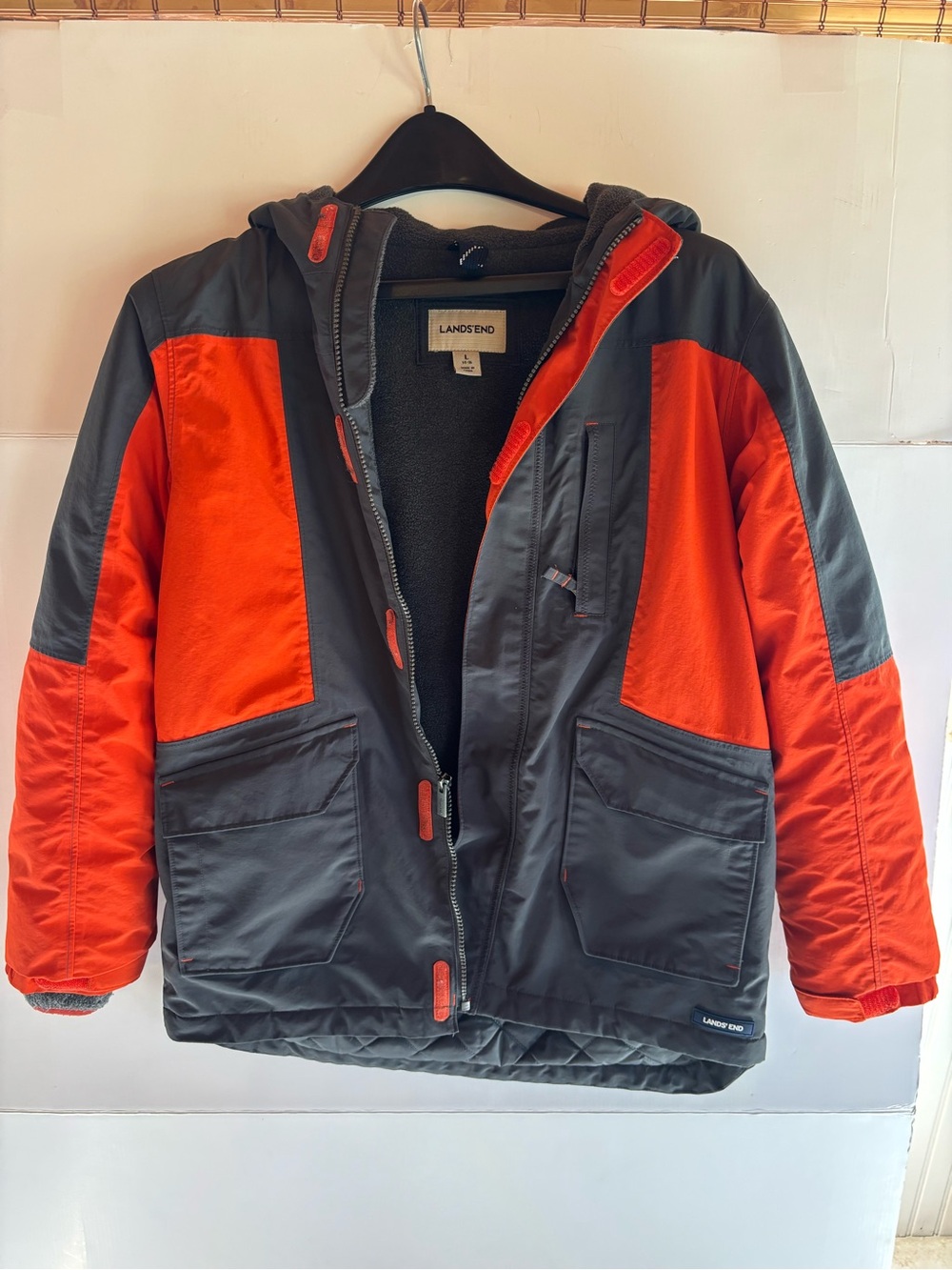 Lands' End Unisex Kids Waterproof Hooded Jacket Gray/Orange Colorblock 14-16